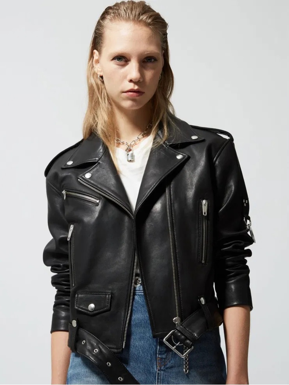 The Kooples Black Leather Biker Jacket with Red Lining - size 3 (Medium)
